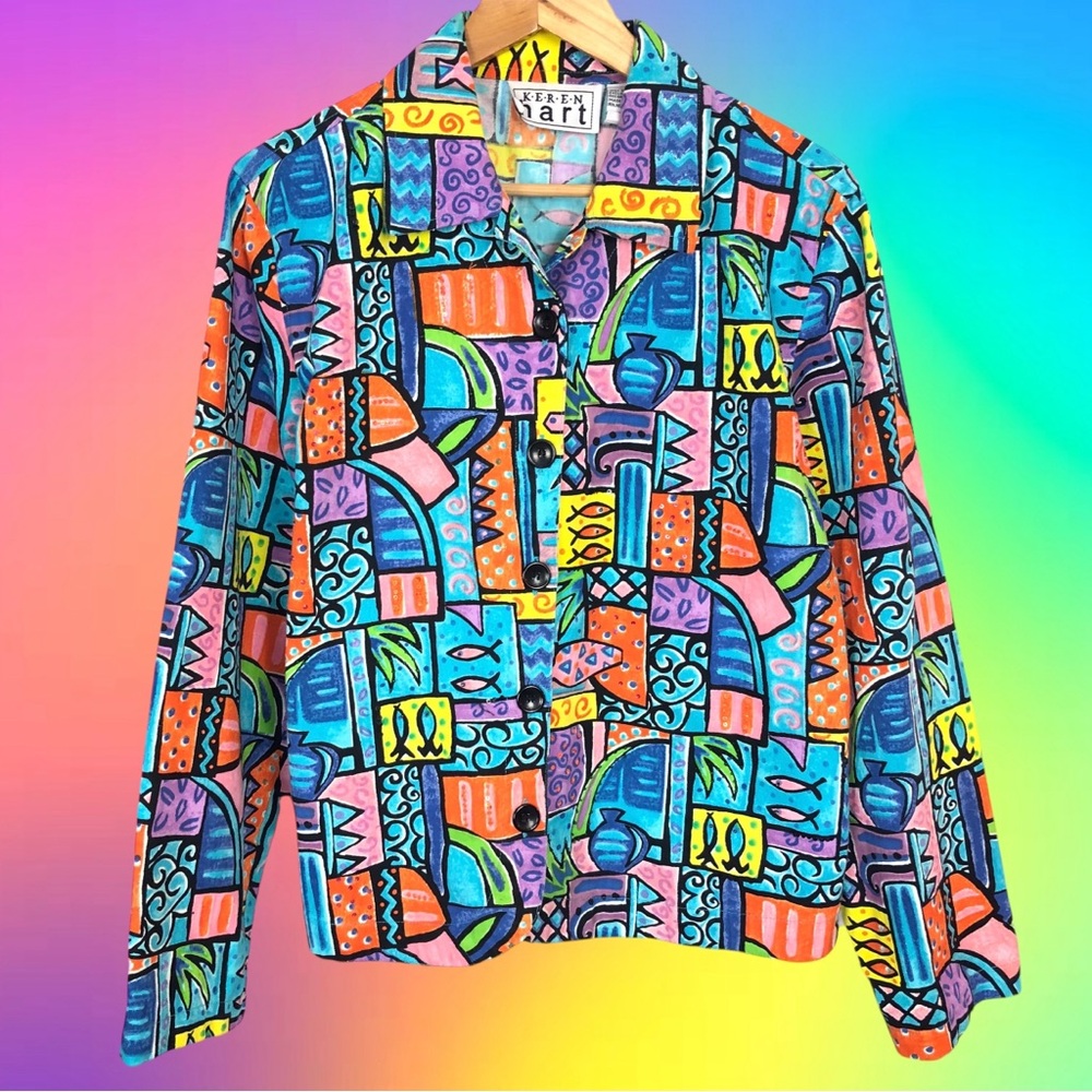 Vintage 80s Retro Groovy Rainbow Abstract Sequin Fish Art To Wear Blazer Jacket